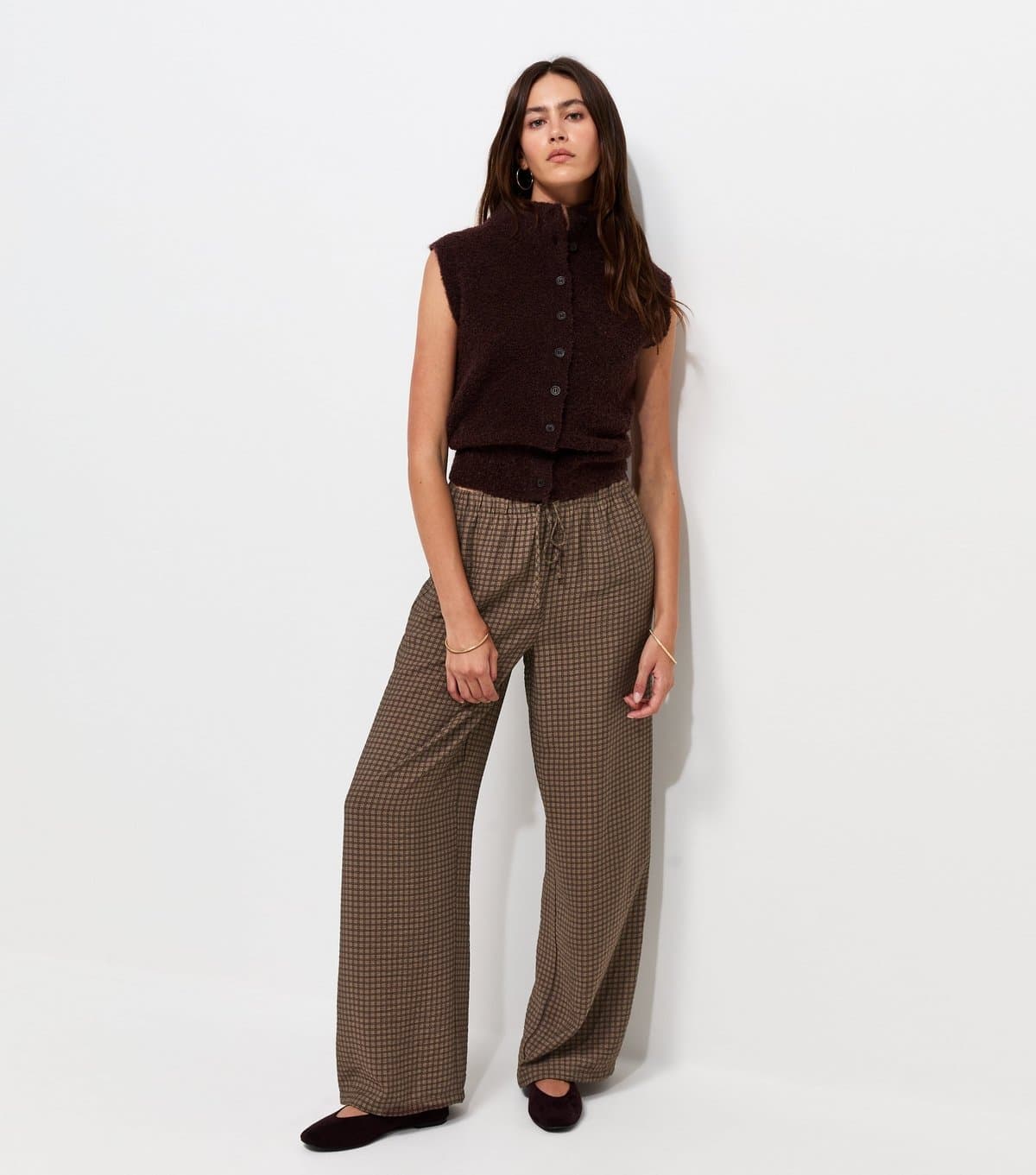 New Look New Look Brown Check Drawstring Wide Leg Trousers