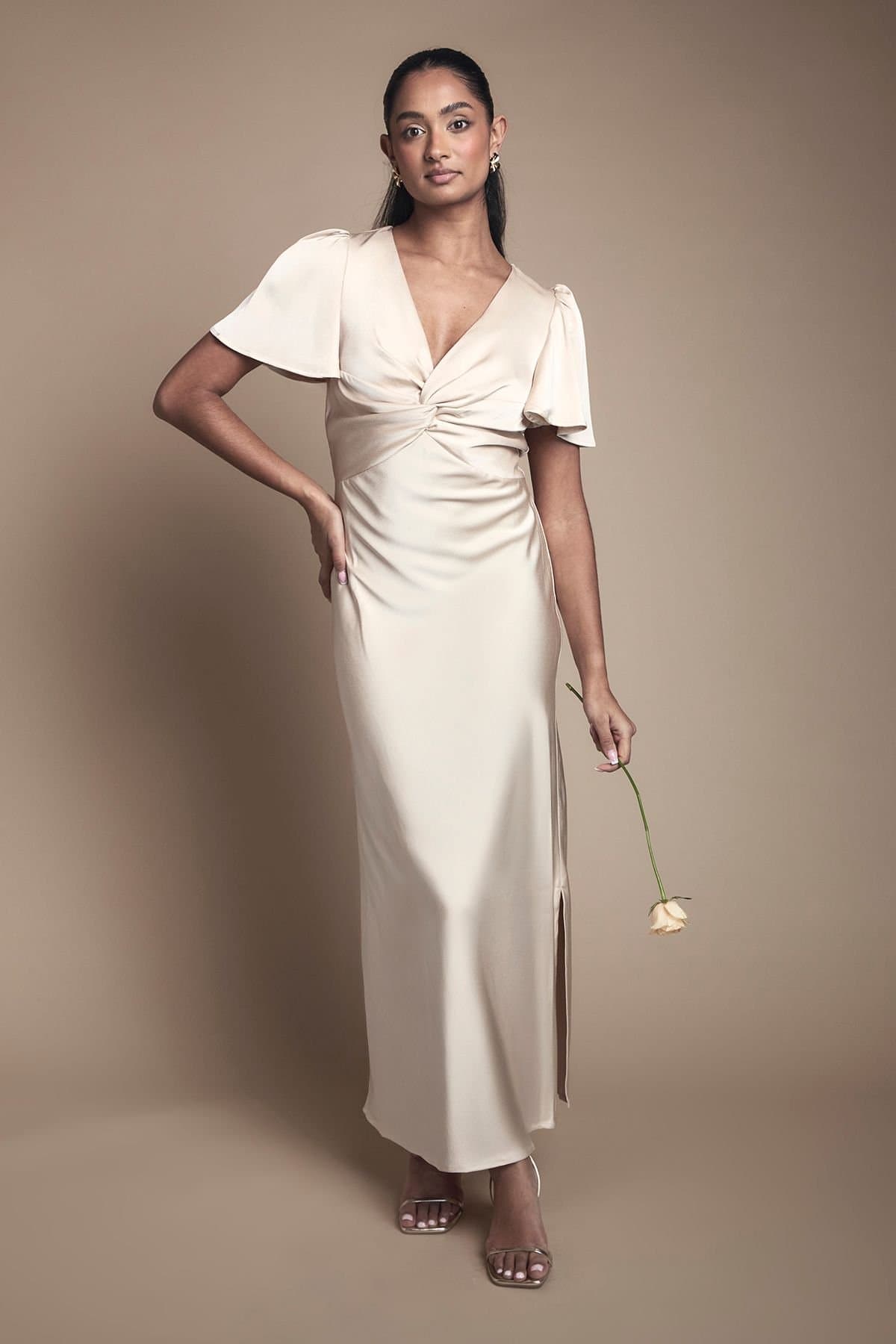 Oasis Oasis Women's Satin Twist Front Angel Sleeve Midi Bridesmaid Dress in Champagne