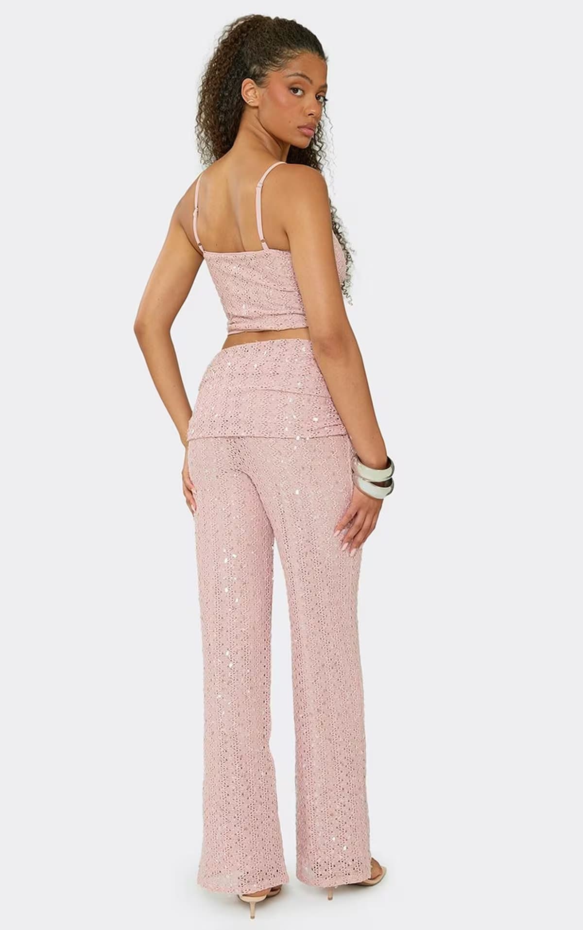 EGO Fold Over Waist Straight Leg Trousers In Pink Sequin, Women's Size UK 6
