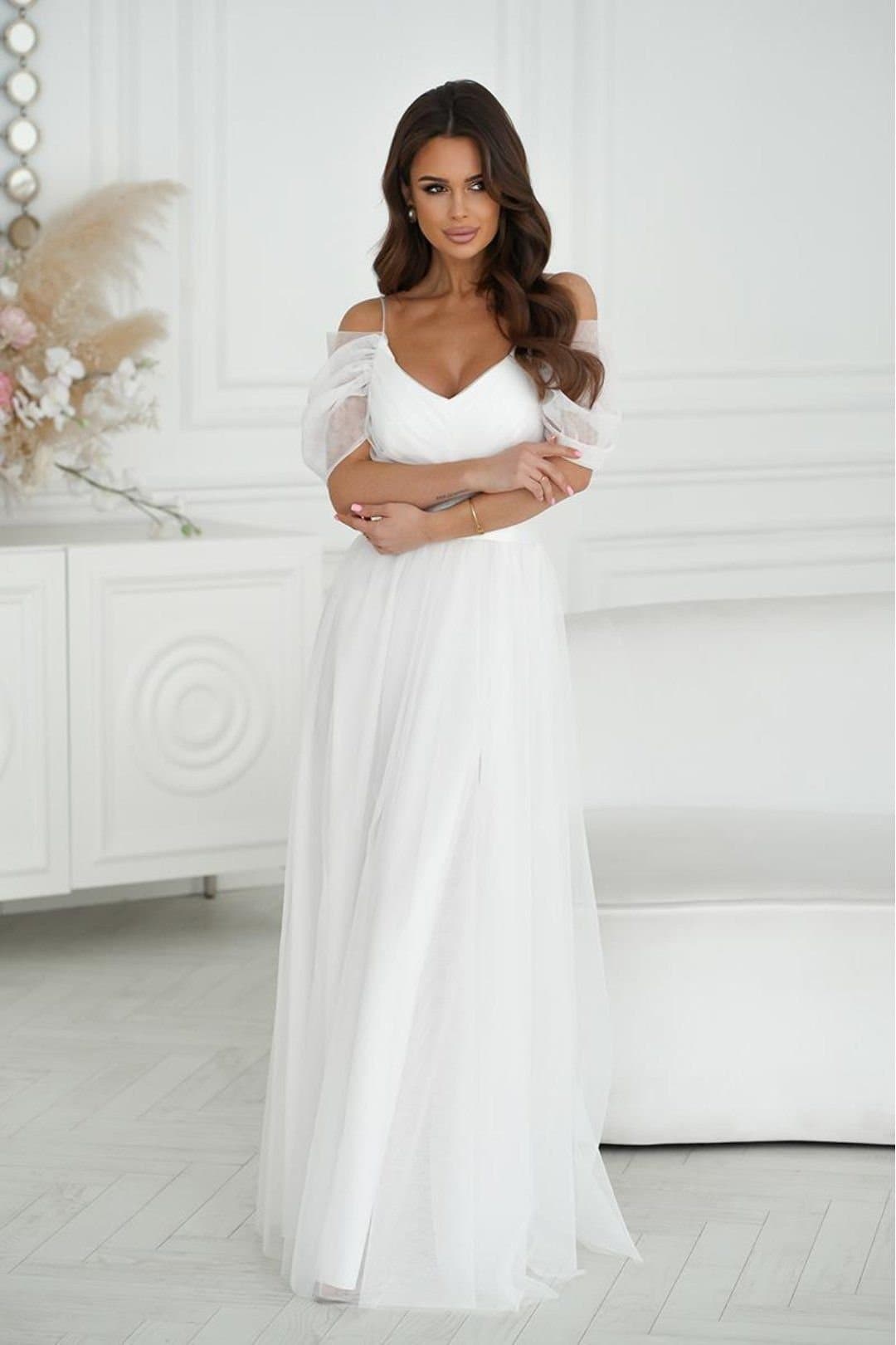 Love Lace Love Lace Women's Long Spanish Tulle Sleeve Dress with Satin Belt in White