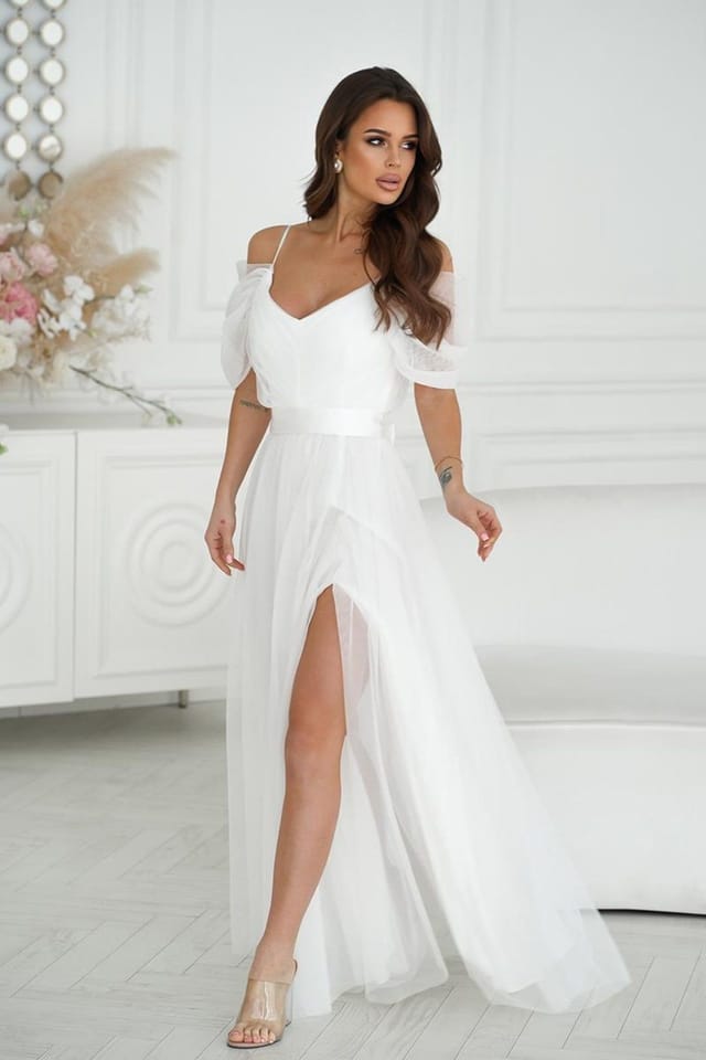Love Lace Love Lace Women's Long Spanish Tulle Sleeve Dress with Satin Belt in White - 2