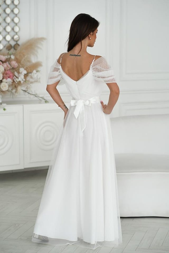 Love Lace Love Lace Women's Long Spanish Tulle Sleeve Dress with Satin Belt in White - 3