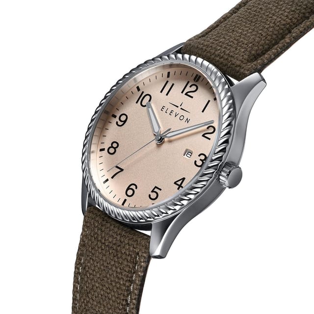 Elevon Elevon Men's Crosswind Canvas-Overlaid Leather-Band Watch w/ Date in Tan - 2