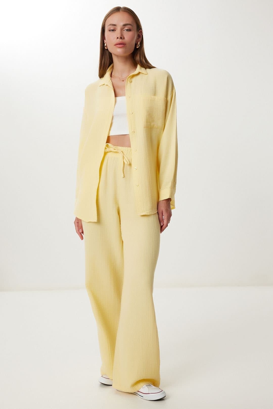 Happiness Istanbul Happiness Istanbul Women's High Waist Wide Leg Two-Piece Co-ord Set with Shirt Collar in Lemon