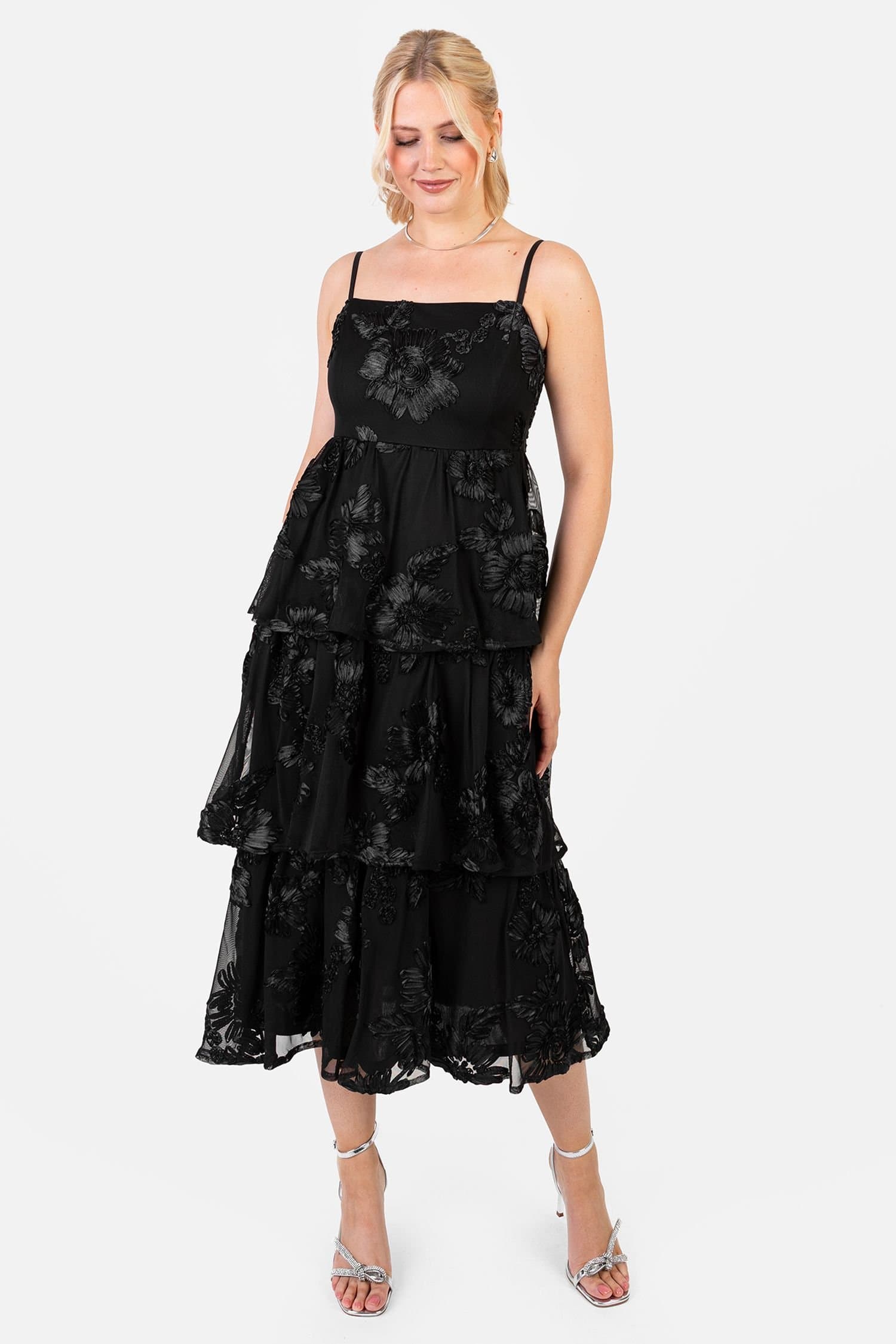 Maya Deluxe Maya Deluxe Women's Floral Tiered Cami Midi Dress in Black