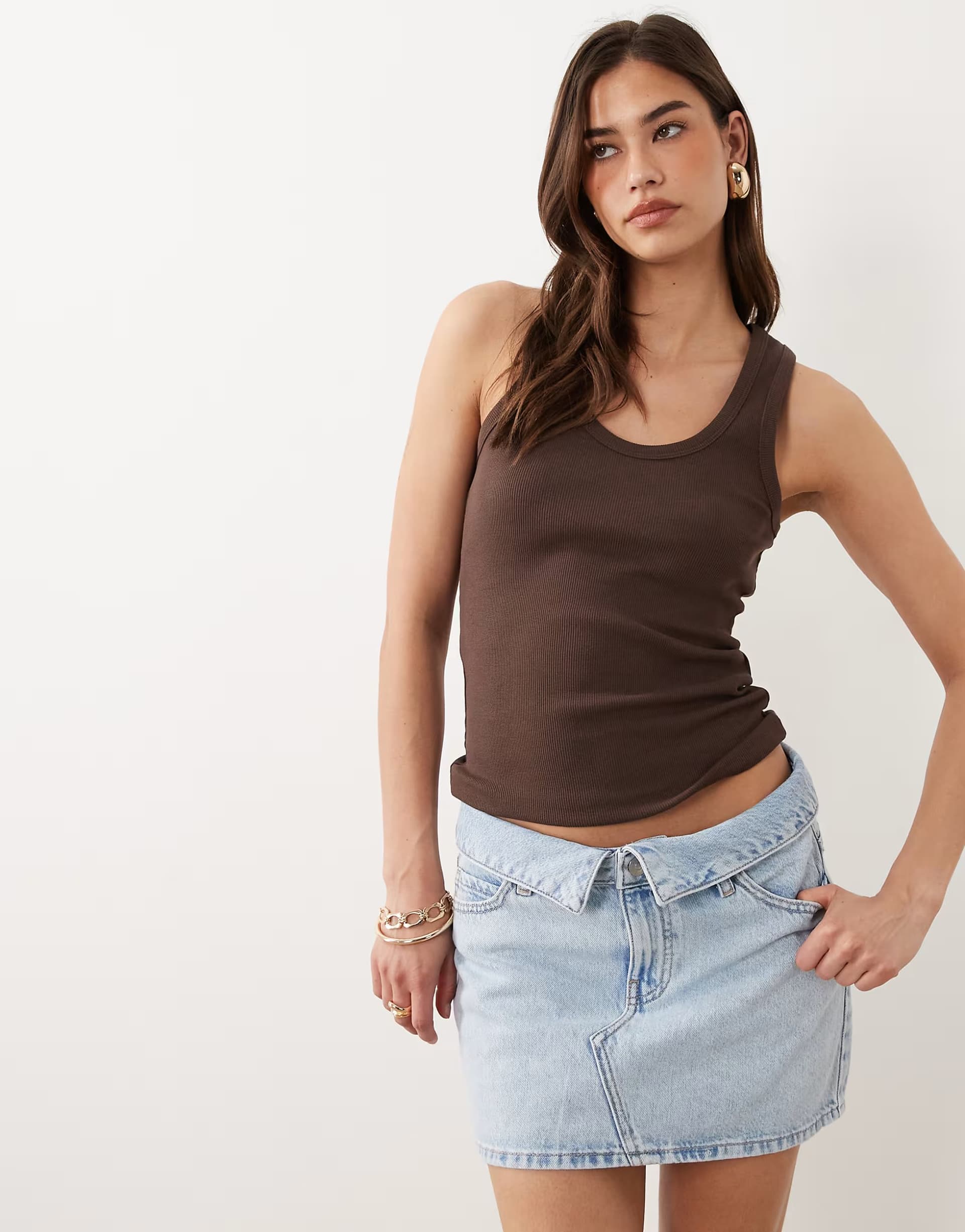 ASOS Mango Teen 100% cotton folded waist denim mini skirt in bleach wash