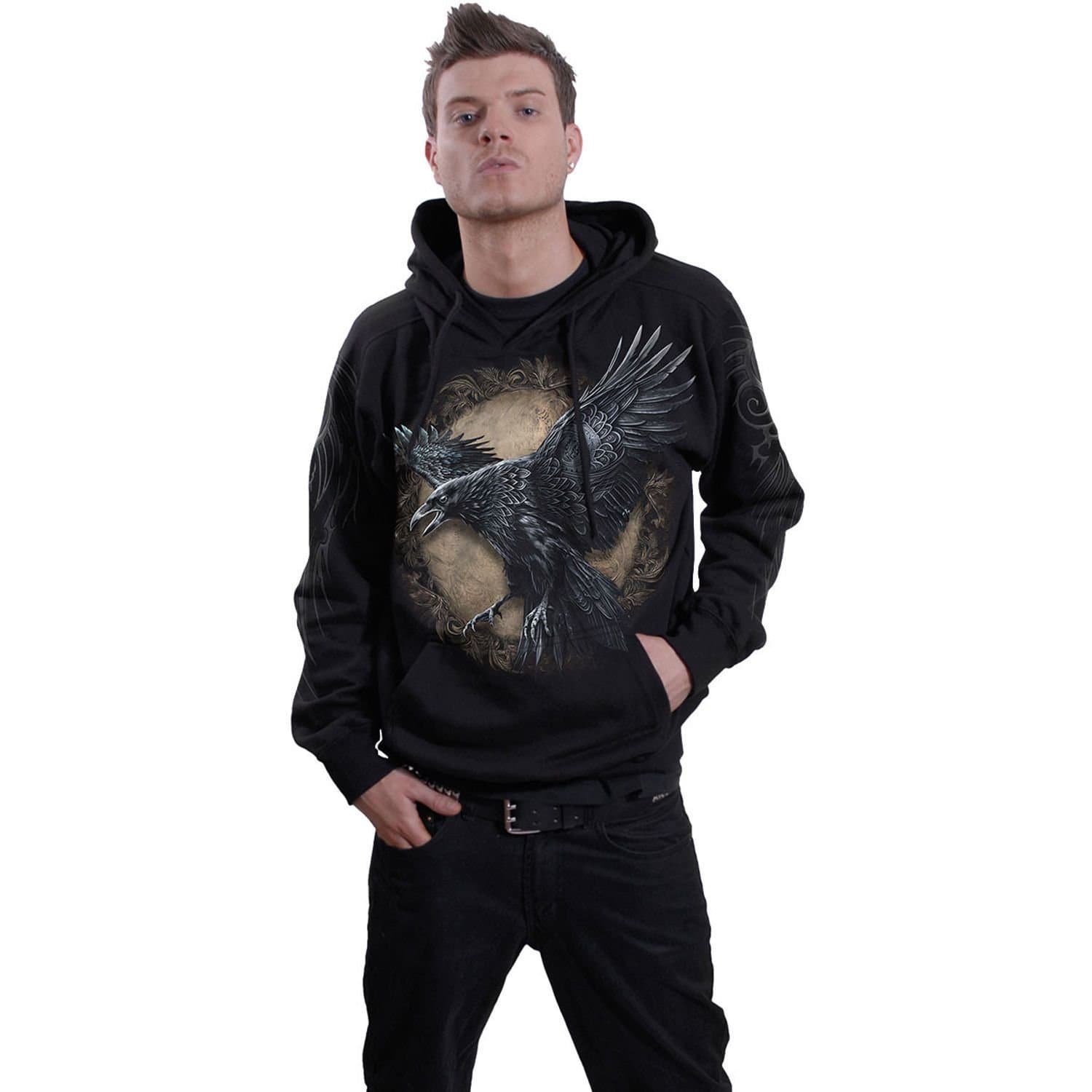 Spiral Direct Spiral Direct Men's Raven Wise Back Print Pullover Hoodie in Black