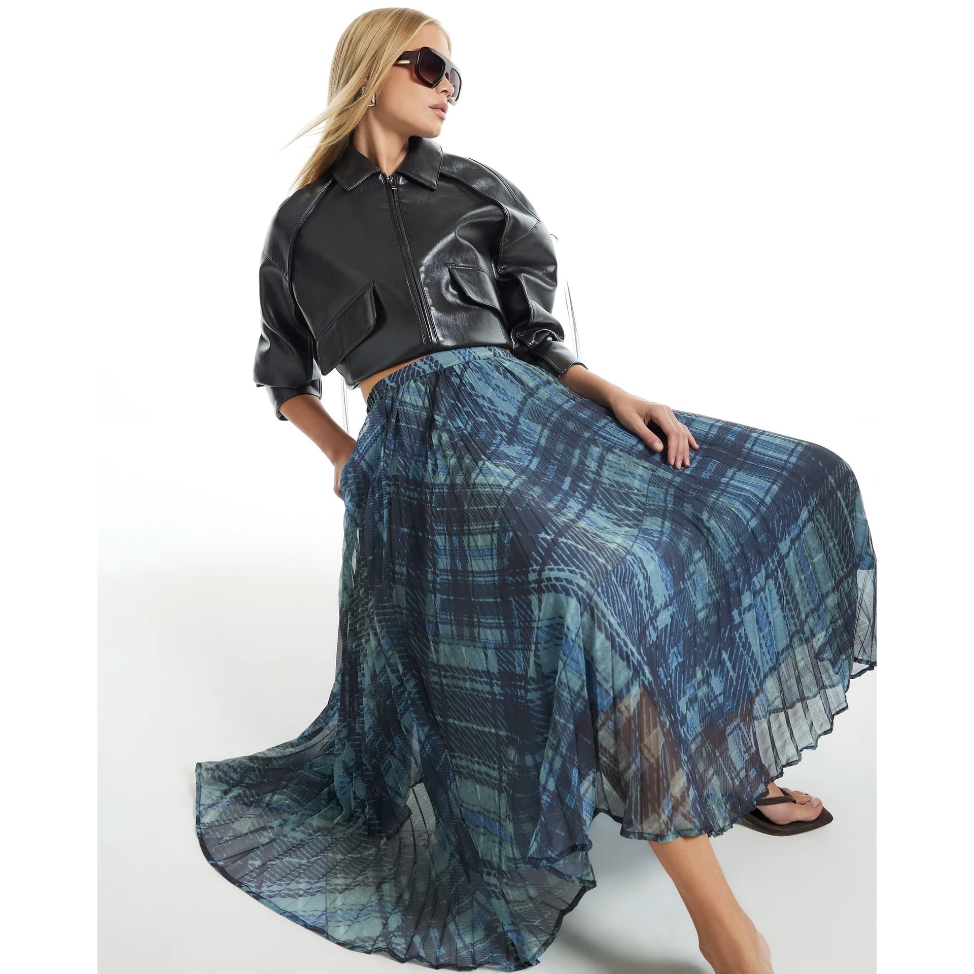 River Island River Island Womens Blue Check Pleated Midi Skirt