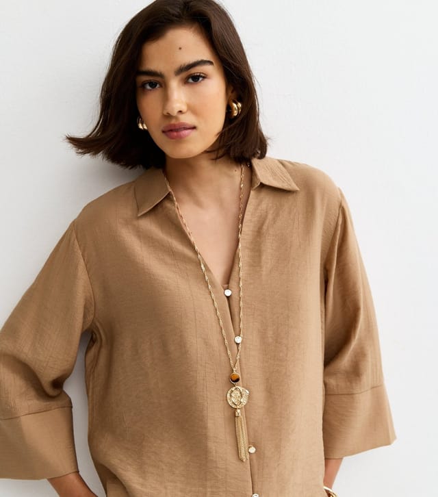 New Look Women's Camel Crinkled Cropped Sleeve Shirt New Look - 3