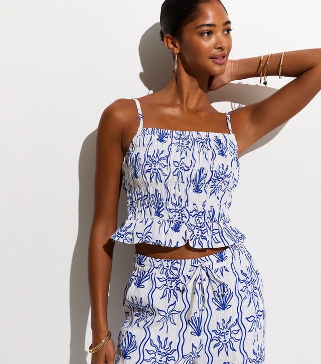 New Look Women's Blue Sun Print Shirred Cami Beach Top New Look - 2