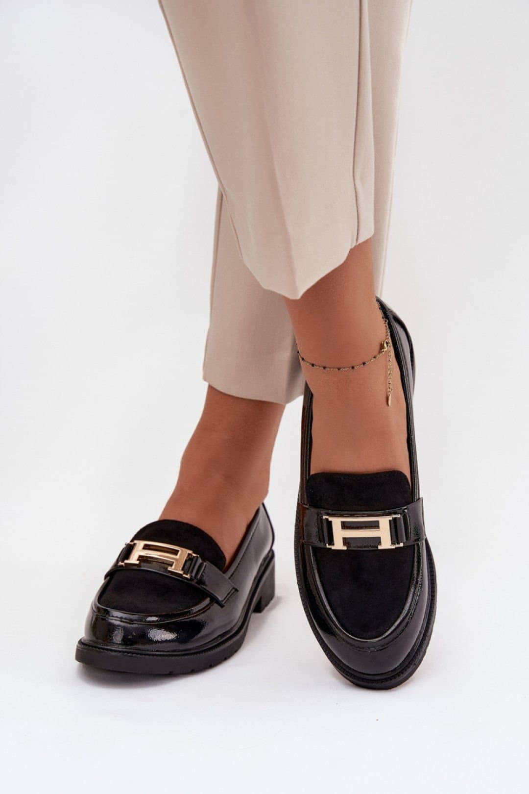 Love Lace Love Lace Women's Moccasin Gold Strap Loafers with Soft Insole Comfort in Black