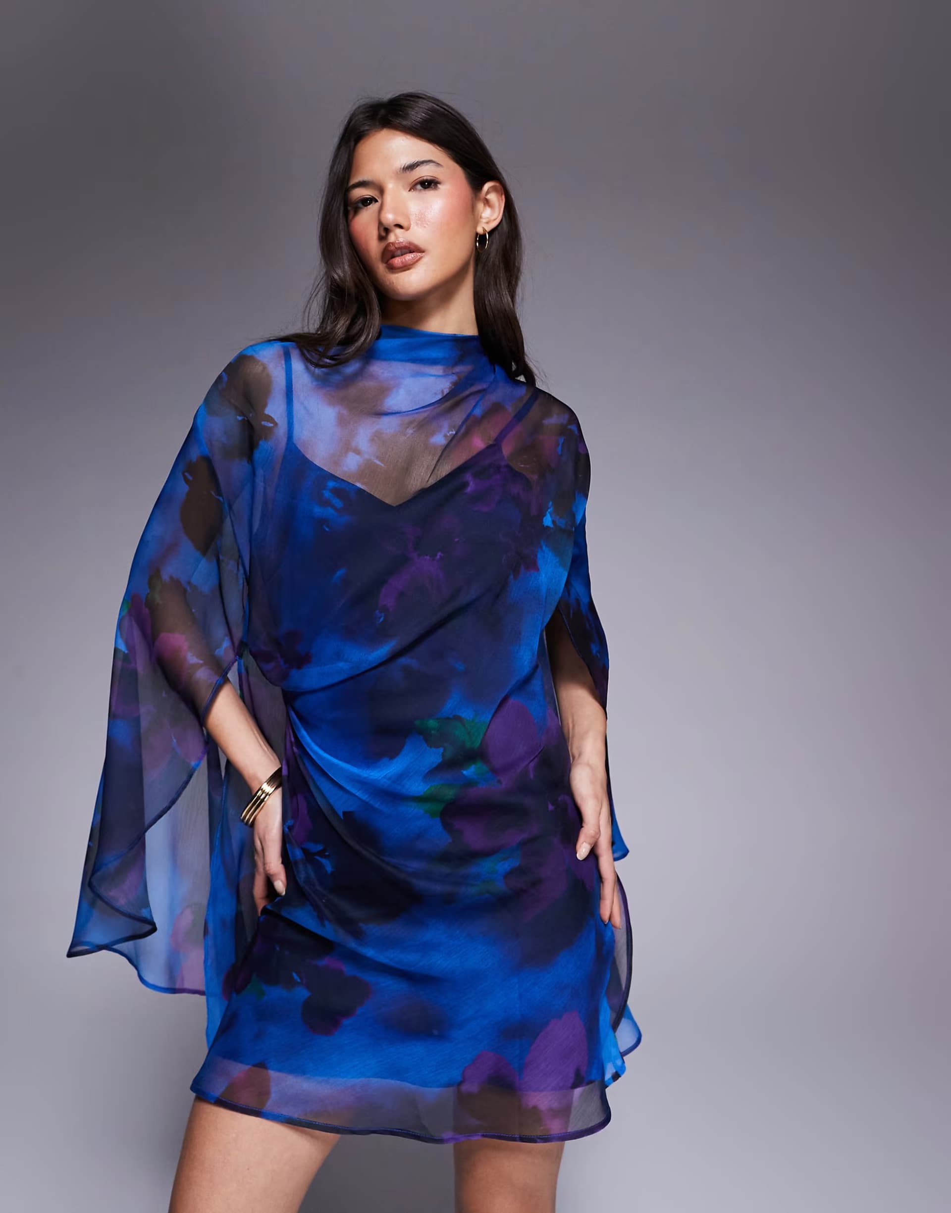 ASOS ASOS DESIGN high neck drape front extreme cape sleeve mini dress in blue floral