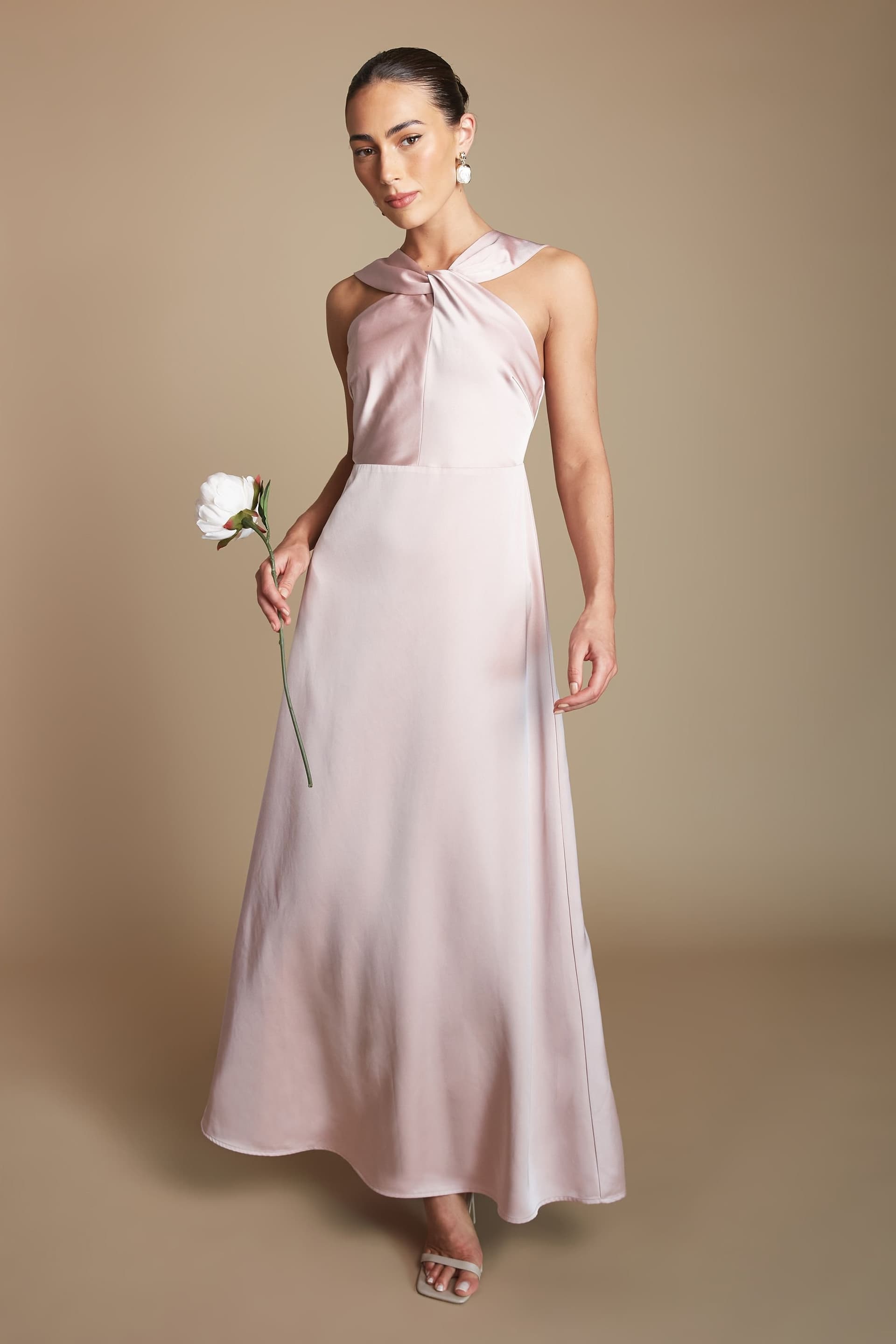 Coast Coast Women's Petite Twisted Halterneck Satin Maxi Bridesmaid Dress in Blush