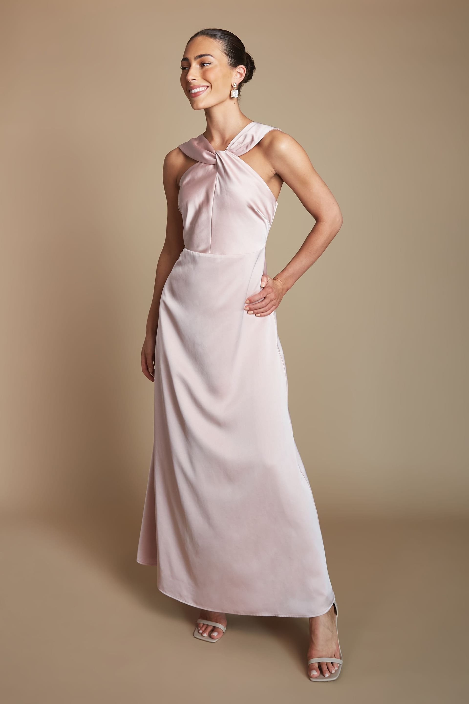 Coast Coast Women's Petite Twisted Halterneck Satin Maxi Bridesmaid Dress in Blush - 4