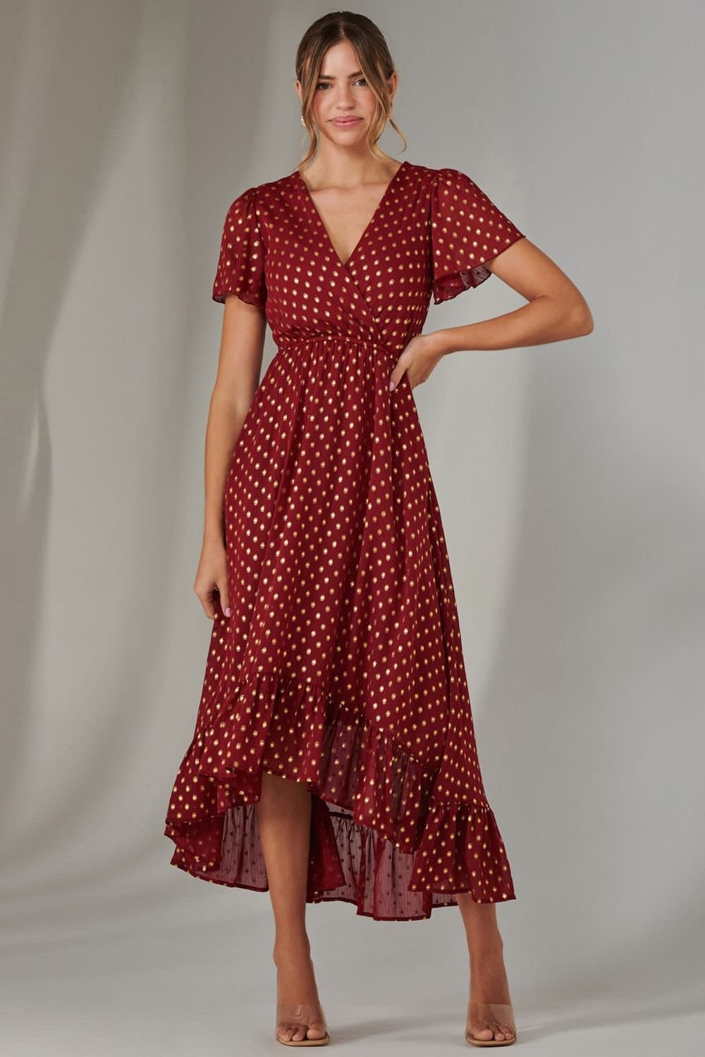 Jolie Moi Jolie Moi Women's Chiffon Short Sleeve Midaxi Dress in Burgundy