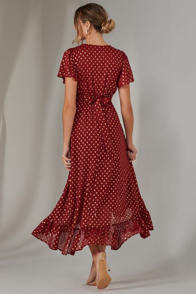 Jolie Moi Jolie Moi Women's Chiffon Short Sleeve Midaxi Dress in Burgundy - 2