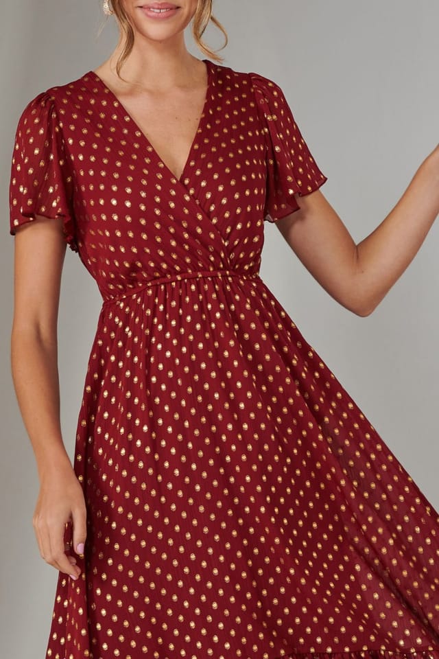 Jolie Moi Jolie Moi Women's Chiffon Short Sleeve Midaxi Dress in Burgundy - 3