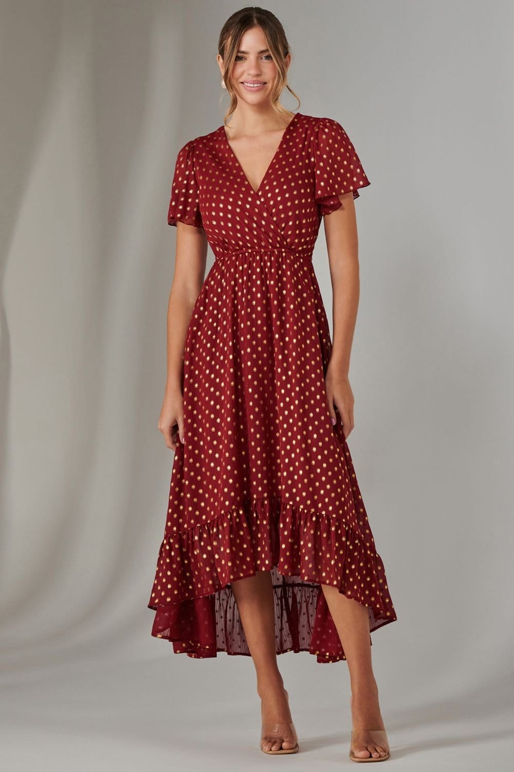 Jolie Moi Jolie Moi Women's Chiffon Short Sleeve Midaxi Dress in Burgundy - 4