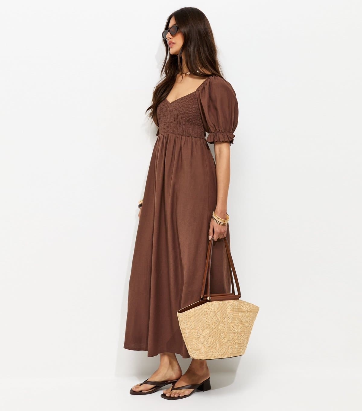 New Look Women's Brown Shirred Bodice Puff Sleeve Midi Dress New Look