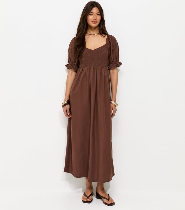 New Look Women's Brown Shirred Bodice Puff Sleeve Midi Dress New Look - 2