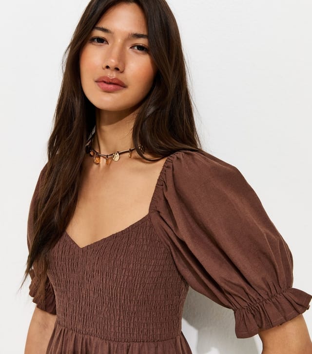 New Look Women's Brown Shirred Bodice Puff Sleeve Midi Dress New Look - 3