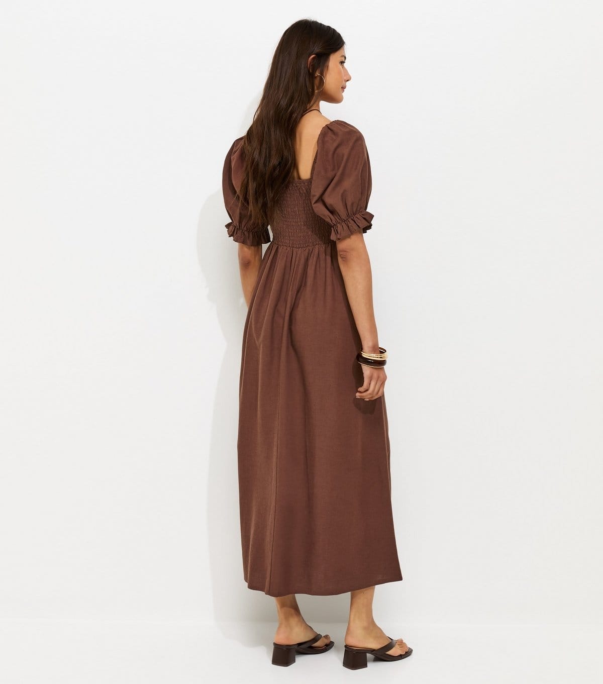 New Look Women's Brown Shirred Bodice Puff Sleeve Midi Dress New Look - 4