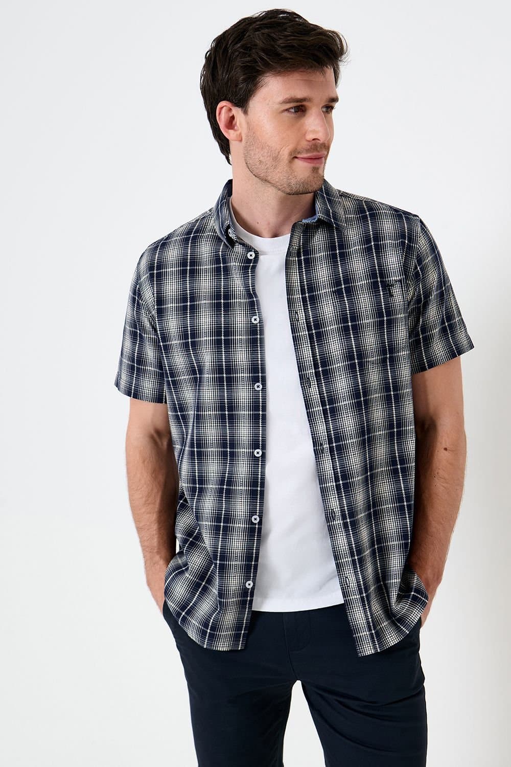 Saltwell Saltwell Navy Textured Check Cotton Short Sleeve Shirt