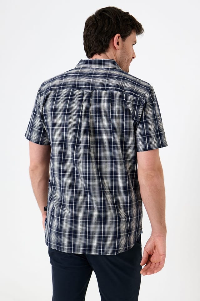 Saltwell Saltwell Men's Textured Check Cotton Short Sleeve Shirt in Navy - 2