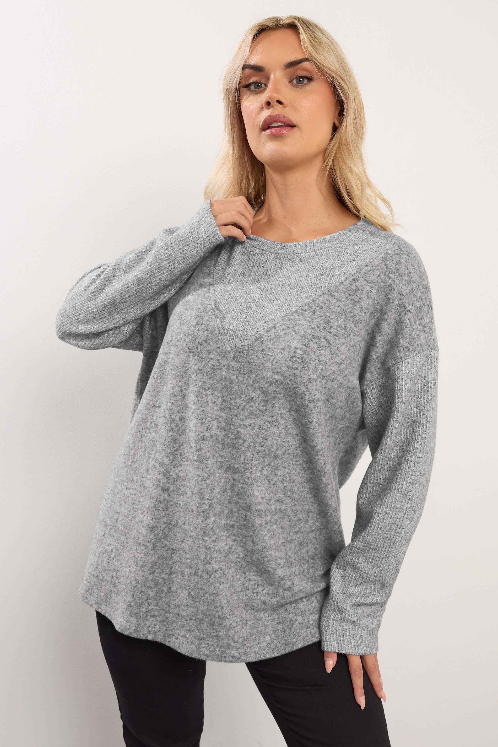 Yours Plus Size Grey Mixed Ribbed Jumper