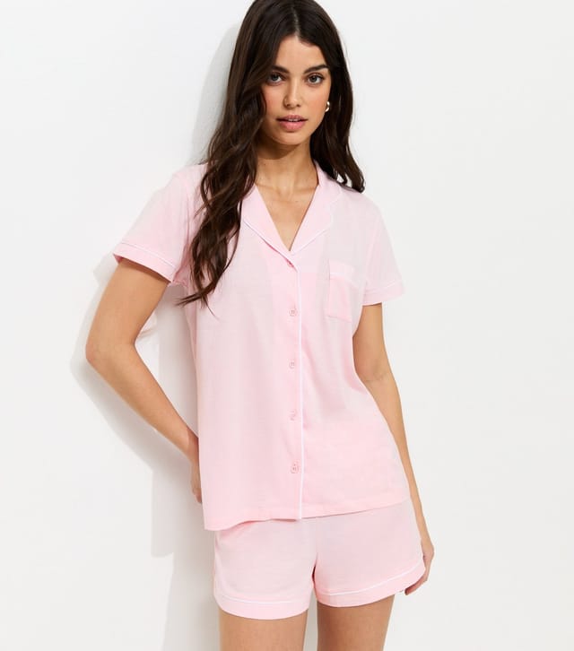 New Look Women's Light Pink Revere Collar Short Sleeve Top and Shorts Pyjama Set New Look - 3