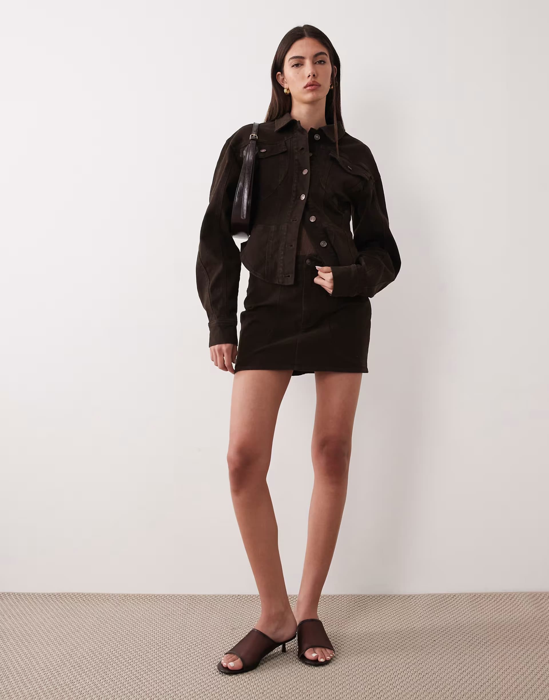 ASOS Wanderdoll Alix cinched waist seam detail denim jacket and mini skirt co-ord in mocha