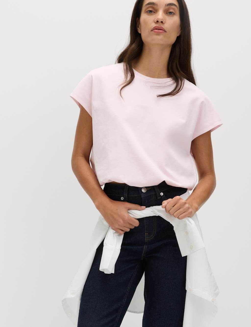 Marks & Spencer M&S Cotton Rich Bubble Hem T-Shirt Pale Blush