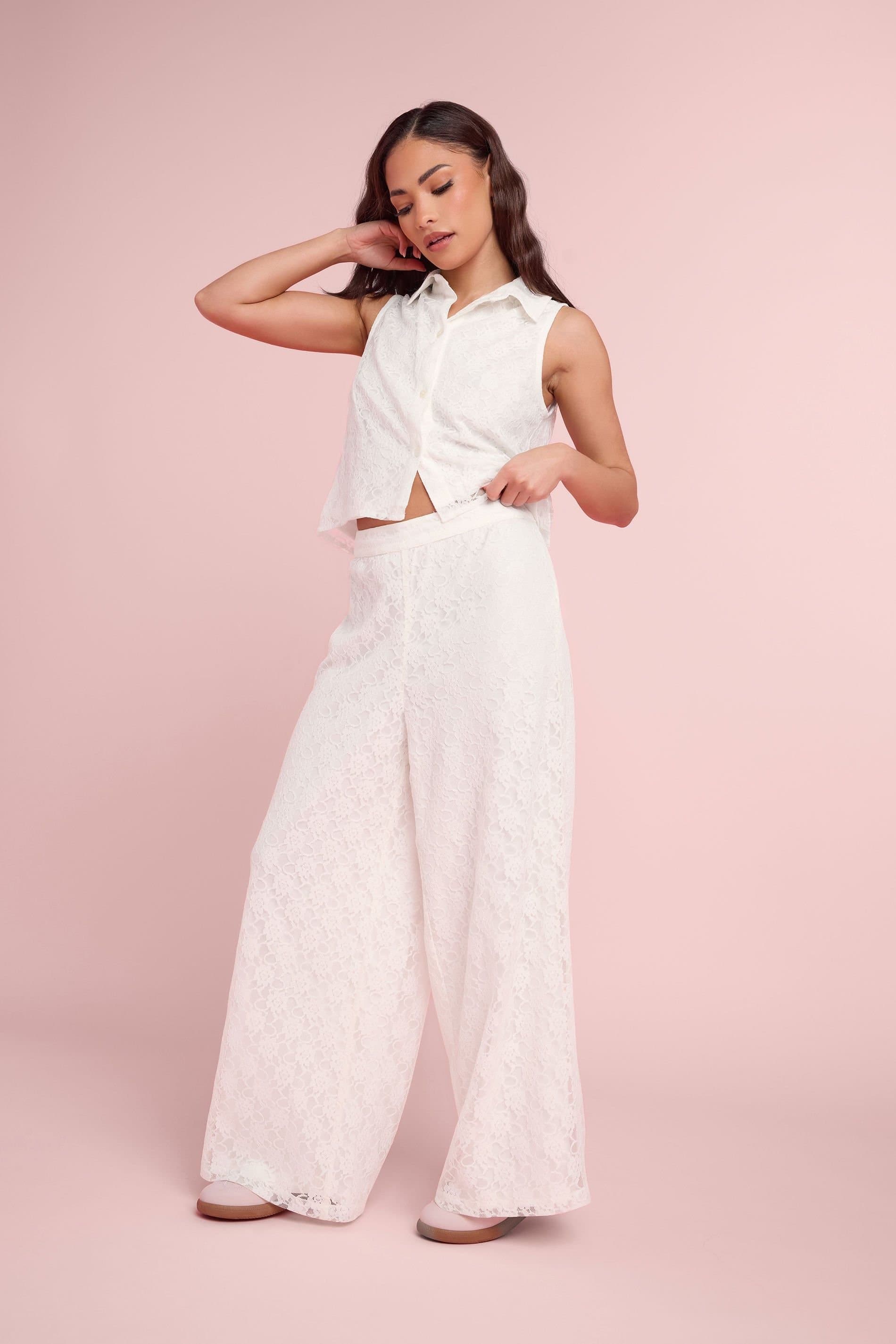 PixieGirl PixieGirl Women's Petite Lace Lined Shirt & Wide Leg Trousers Set in White