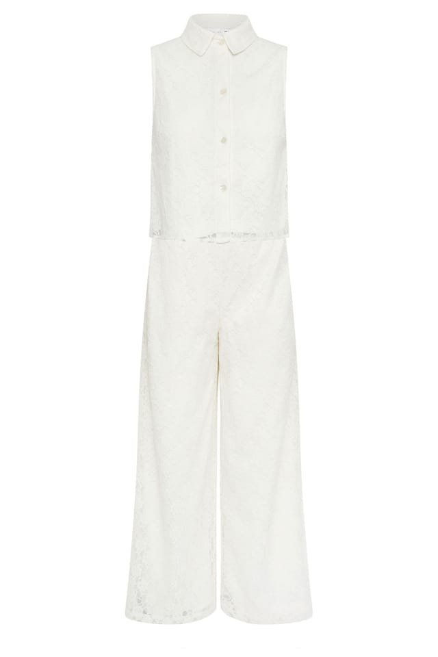 PixieGirl PixieGirl Women's Petite Lace Lined Shirt & Wide Leg Trousers Set in White - 2