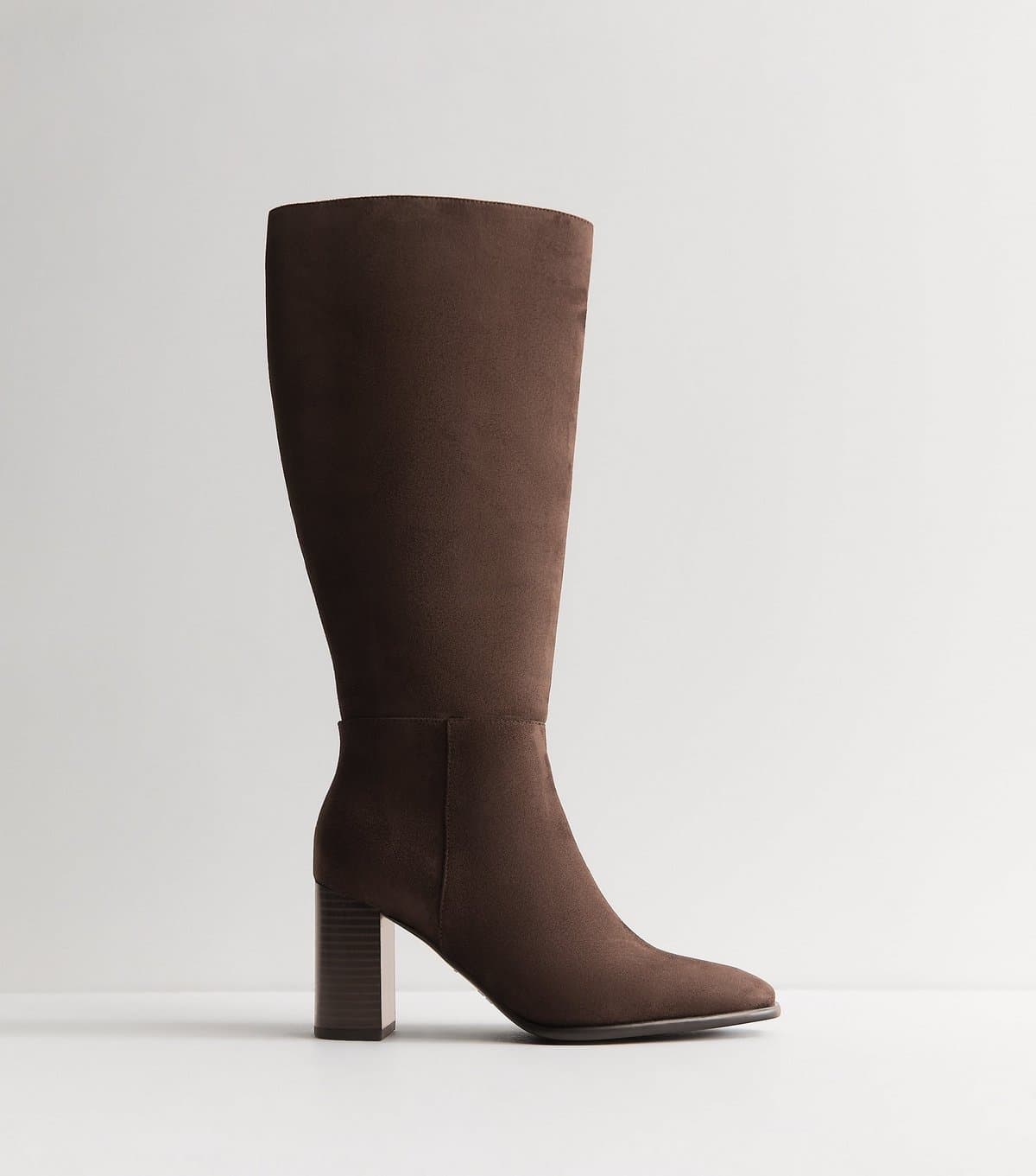 New Look Women's Brown Faux Suede Stacked Heel Knee High Boots Vegan New Look