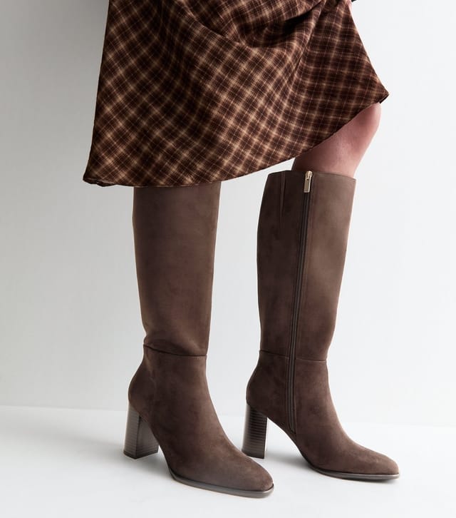 New Look Women's Brown Faux Suede Stacked Heel Knee High Boots Vegan New Look - 2