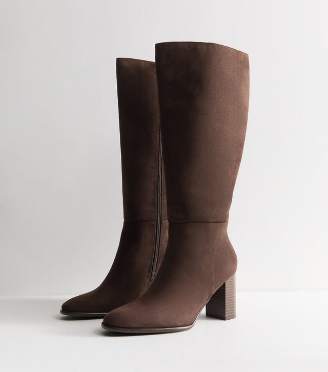New Look Women's Brown Faux Suede Stacked Heel Knee High Boots Vegan New Look - 3