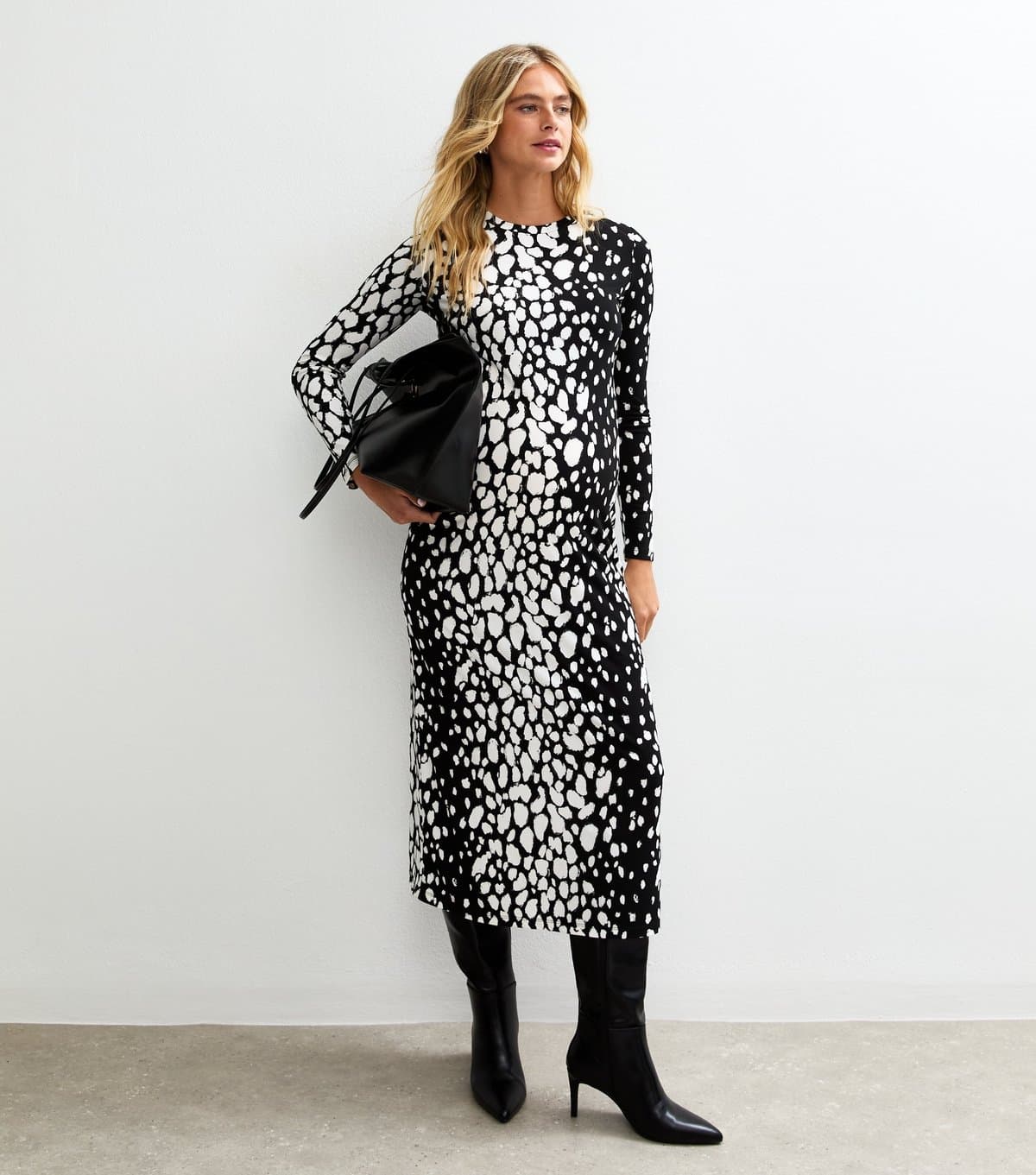 New Look Women's Maternity Black Abstract Pattern Long Sleeve Midi Dress New Look