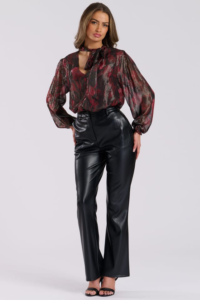 Finding Friday Finding Friday Women's Printed Metallic Long Sleeve Blouse With Tie Neck in Red - 2