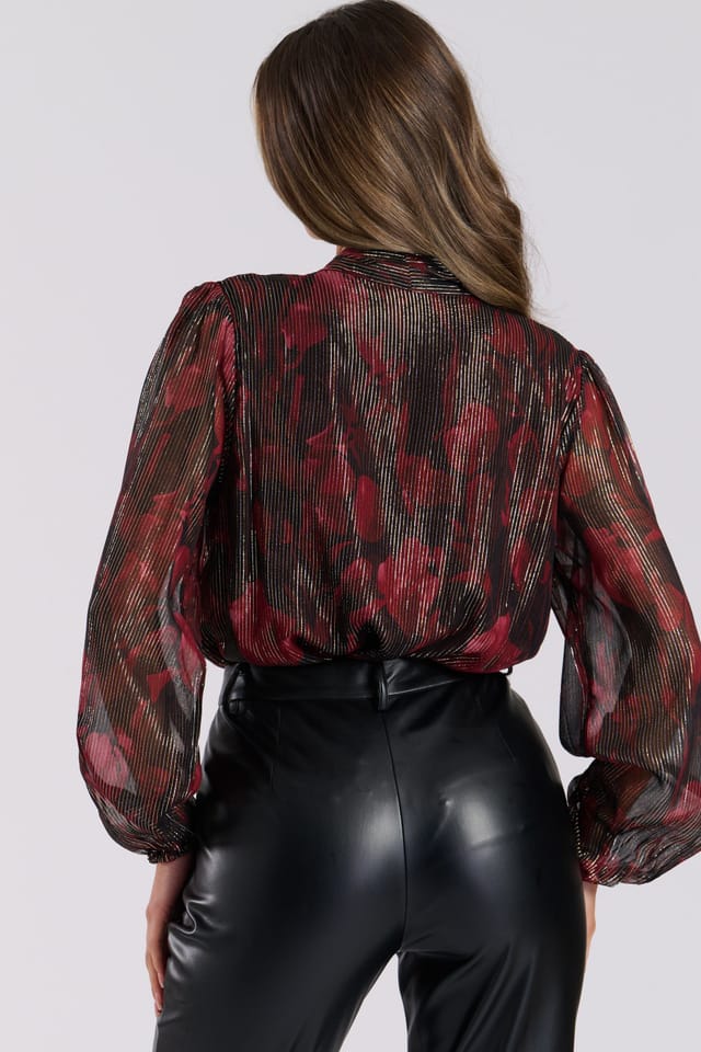 Finding Friday Finding Friday Women's Printed Metallic Long Sleeve Blouse With Tie Neck in Red - 3