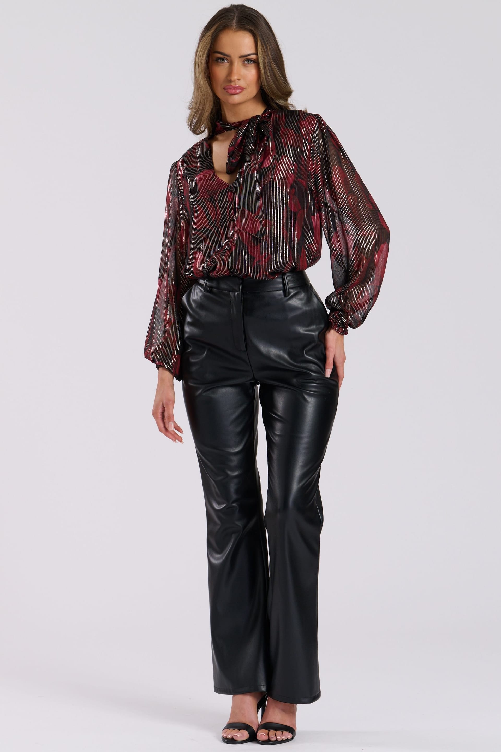 Finding Friday Finding Friday Women's Printed Metallic Long Sleeve Blouse With Tie Neck in Red - 4