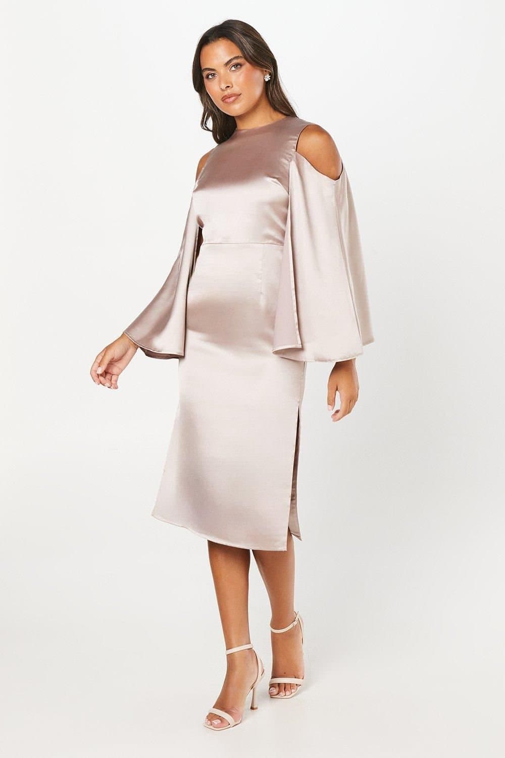 Coast Coast Women's Cape Back Satin Midi Wedding Guest Dress in Mink