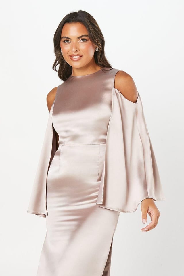 Coast Coast Women's Cape Back Satin Midi Wedding Guest Dress in Mink - 2