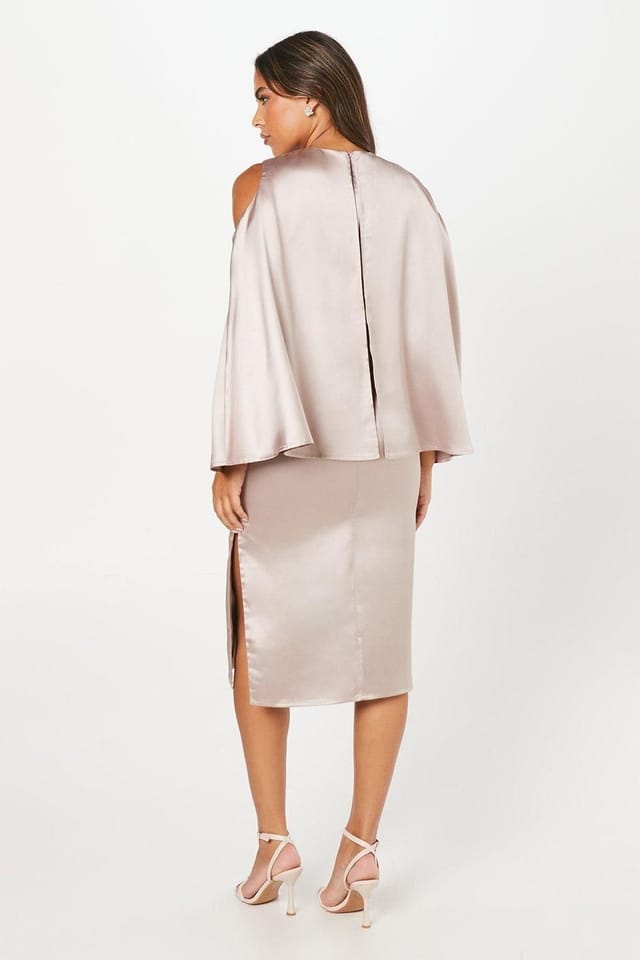 Coast Coast Women's Cape Back Satin Midi Wedding Guest Dress in Mink - 3