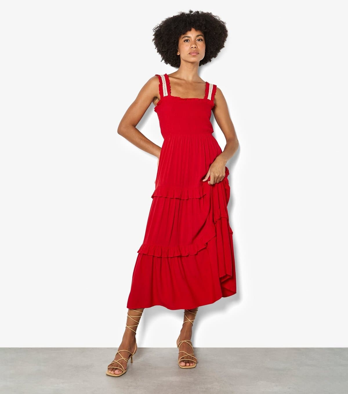 Apricot Women's Bright Red Shirred Tiered Midi Dress Apricot New Look