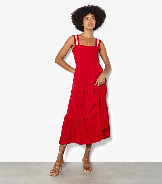 Apricot Women's Bright Red Shirred Tiered Midi Dress Apricot New Look - 2