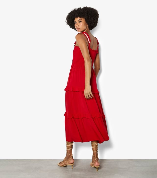 Apricot Women's Bright Red Shirred Tiered Midi Dress Apricot New Look - 3