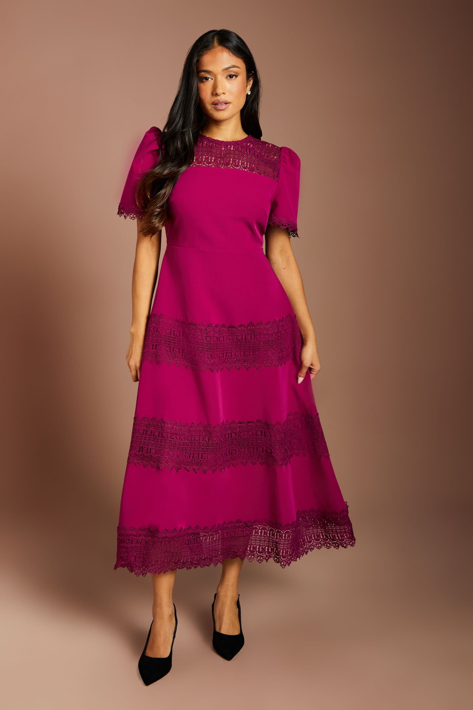 Coast Coast Women's Petite Lace Trim Crepe Dress in Berry
