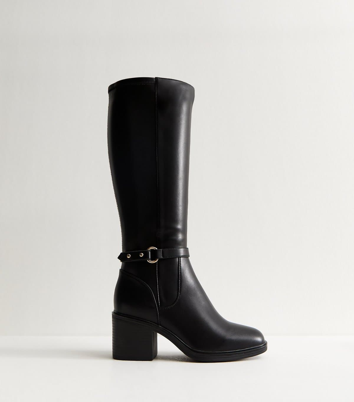 New Look Women's Wide Fit Black Faux Leather Block Heel Knee High Boots. Vegan New Look
