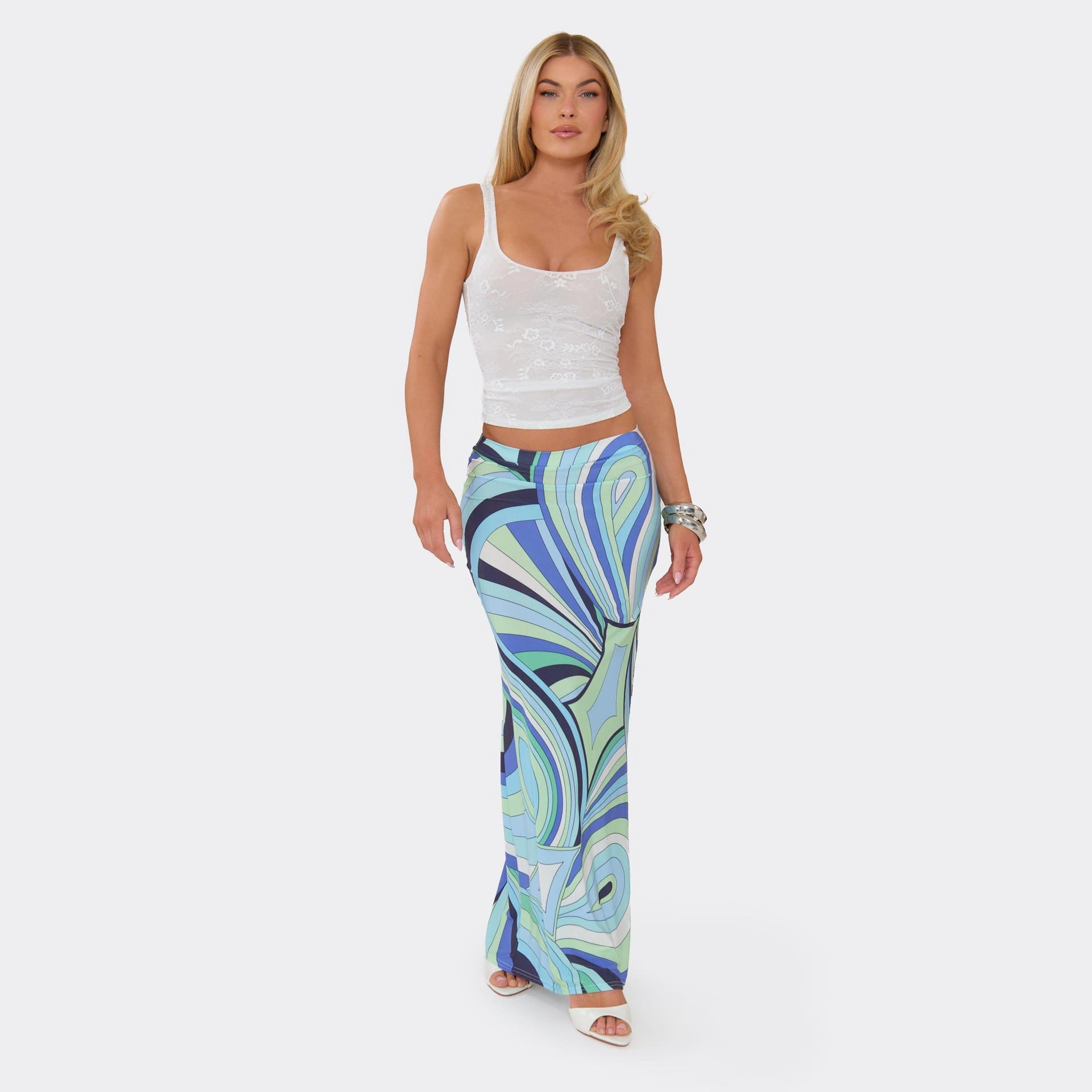 EGO Mid Rise Maxi Skirt In Blue Abstract Print, Women's Size UK 6